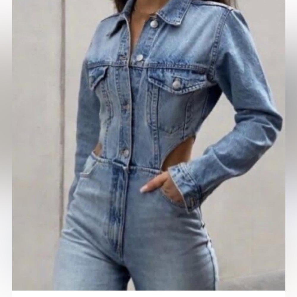 Zara Light Blue Denim Cutout Women Jeans Jumpsuit Size L